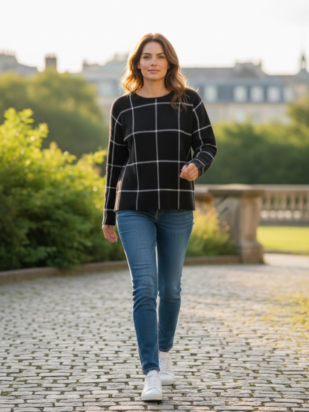 Elliott Lauren Sweater Windowpane Plaid Black & White Womens XL #35N‎